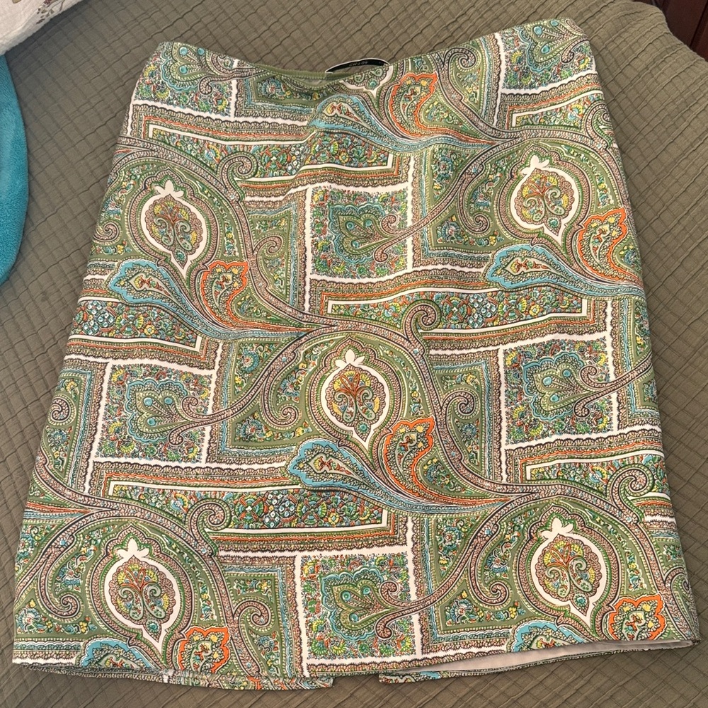 vintage Prada A-Line silk Skirt with Paisley Design in Green and Orange